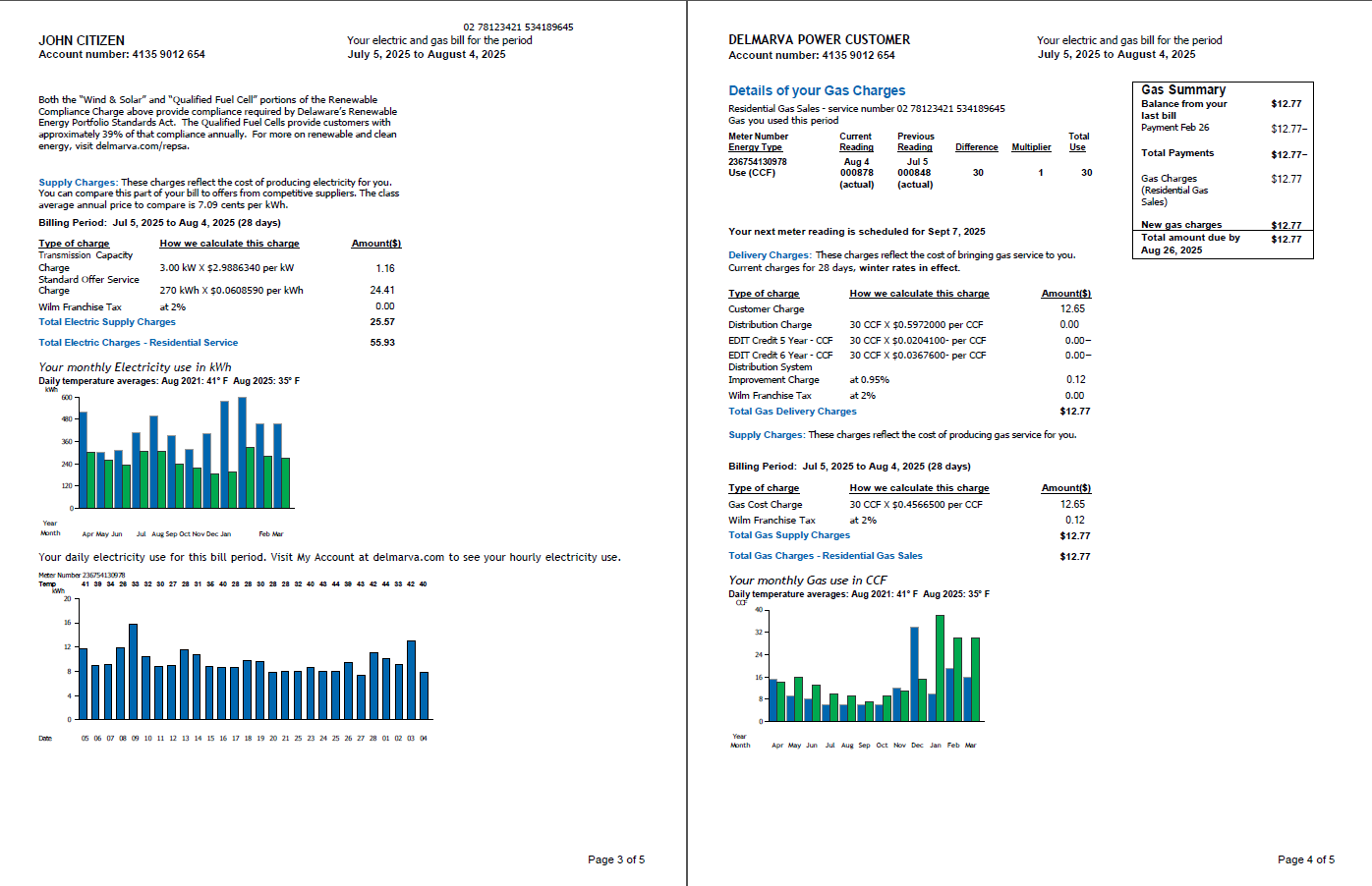 USA Delmarva Power utility bill template in Word and PDF formats, 5 pages, 3 4 pages